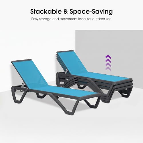 Image of PURPLE LEAF Patio Chaise Lounge Set of 4 Plastic Outdoor, Turquoise Blue | Plastic + Glass fiber Legs, Aluminum Frame, Quick-Dry Comfort UV, 5-Position Backrest, 5% Wider Seat, Stackable, Lightweight
