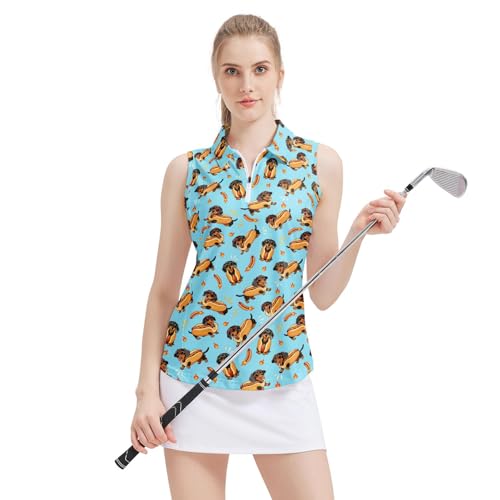 Dachshund Women's Sleeveless Golf Shirt with Zip Up Summer Sports Athletic Quick Dry Tank Tops Polo Shirts for Women Golf Apparel Clothes