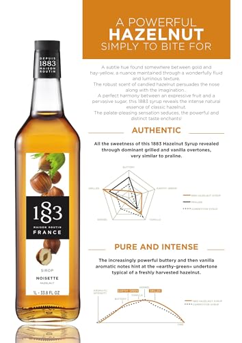 Image of 1883 Hazelnut Syrup - Flavored Syrup for Hot & Iced Beverages, Nutty Flavor - Gluten-Free, Vegan, Non-GMO, Kosher, Preservative-Free, Made in France | 1 Liter (33.8 Fl Oz)