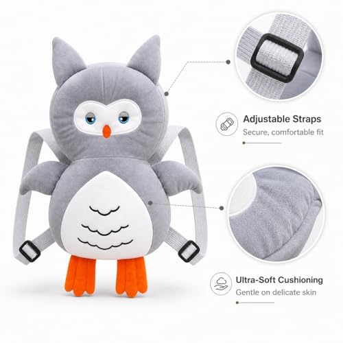 Image of GLUN Baby Cute Owl Soft Cushioning Fall Protector Backpack Pack of 1 Grey Colour, Adjustable Shoulder Belt, Head Protection Back for 6-12 Month Toddler Babies