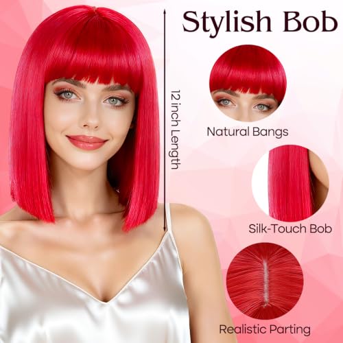 Image of PLULON Red Bob Wig with Bangs, Short Straight Bob Wig with Heart Sunglasses 12 Inch Shoulder Length Heat Resistant Synthetic Hair Cap for Women Natural Look Daily Use Cosplay Costume Party
