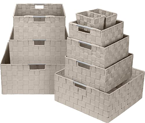 Sorbus Set of 9 Storage Baskets for Organizing, Mesh Hand-Woven Design, Linen Closet Organizers and Storage, Organizer Storage Baskets for Shelves, Variety Pack Organizers and Storage (Beige)