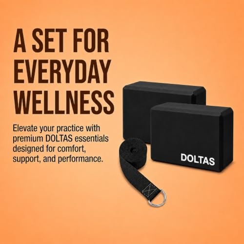 Image of DOLTAS High Density Foam Yoga Block Set of 2 with Yoga Strap - Non-Slip Lightweight Bricks for Improved Balance, Flexibility, Strength & Stability - Support for Pilates, Stretching & Meditation | Black