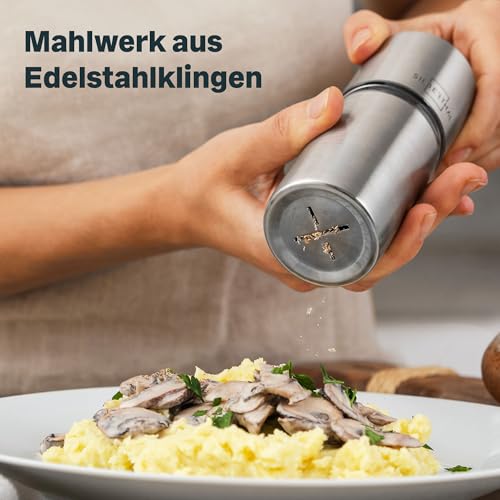 Foto von SILBERTHAL Muskatnuss Mühle für fein gemahlene Muskatnuss mit Untersetzer - Muskatreibe mit Aufbewahrung aus Edelstahl - Gewürzreibe