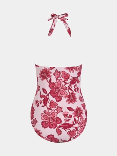 CUPSHE Women's One Piece Swimsuit Tummy Control Swimming Costume Halter Deep V Neck Sculpting Ruching Adjustable Straps Swimwear Red/Floral M - Image 7