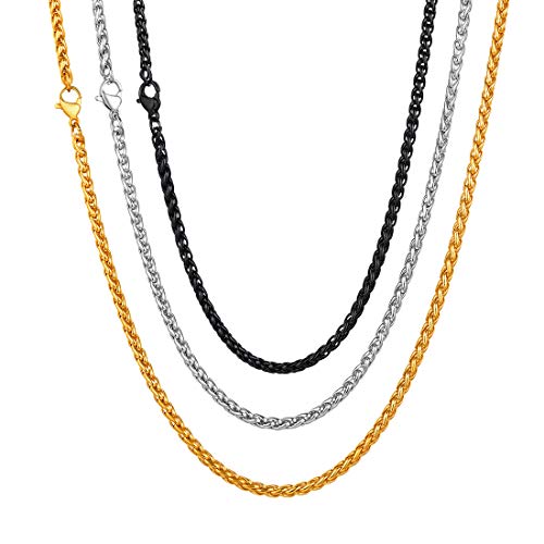 U7 Stainless Steel Chain 3mm Twisted Spiga Wheat Chains 3 Pcs Set Men Women Fashion Jewelry - 18 Inches