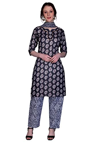 Image of DHRUVI TRENDZ Womens Cotton Blend Women Kurta Set with Duptta and Pant Regular Fit Straight (DT-K2695&P117&D72 Black S)