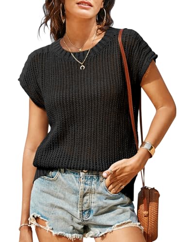 Saodimallsu Womens Crochet Summer Top Cap Sleeve Sexy Mesh Crew Neck Trendy Going Out Beach Sweater Coverups