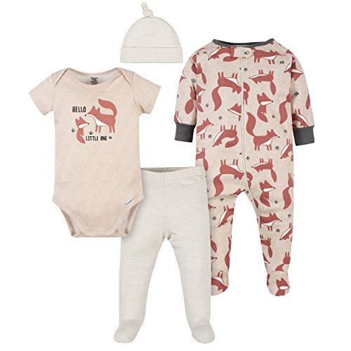 Gerber Baby Boys' 4-Piece Sleep 'N Play, Onesies, Pant and Cap, Red Fox and Orange, 3-6 Months