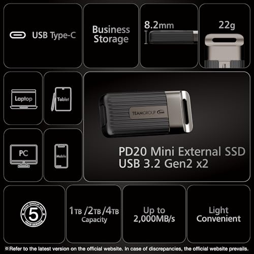 Image of TEAMGROUP PD20 4TB Portable External Solid State Drive SSD Read up to 2000MB /s USB 3.2 Gen2x2 Type-C Waterproof Dustproof IP54 TPSEG5004T0C102