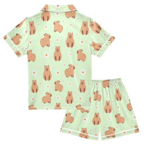 Capybara with Daisy Flowers Green Summer Satin Pajama Set, Cute Button-Down Sleepwear Pj Set for Sleep Wears2