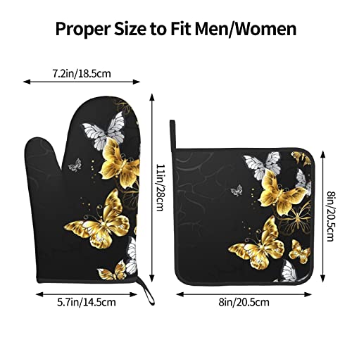 Gold White Butterflies Black Print Oven Mitts And Pot Holders Sets,Kitchen Oven Glove High Heat Resistant 500 Degree Oven Mitts And Pot Holder,Surface Safe For Baking, Cooking, Bbq,Pack Of 2 #TOP2