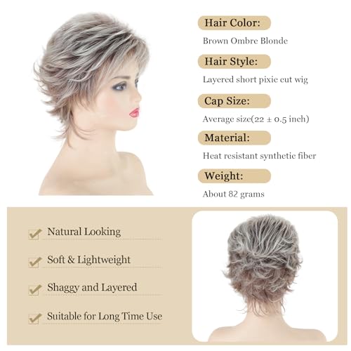 TISHINING Layered Short Blonde Pixie Wigs for White Women Dark Brown Ombre Blonde Pixie Cut Wig with Bangs Synthetic Natural Looking Daily Party Wig