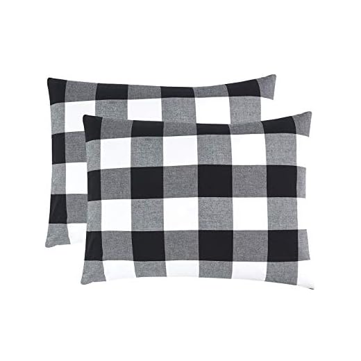 Wake In Cloud - Pack of 2 Pillow Cases, 100% Washed Cotton Pillowcases, Buffalo Check Gingham Plaid Geometric Checker in White Black Gray (Standard Size, 20x26 Inches)