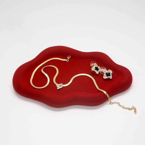 Image of Jewelry Dish Trinket Tray for Women, Ring Dish Holder, Unique Cloud Shape Ceramic Plate Cute Things Vanity Aesthetic Room Decor Mother's Day Birthday (Flocked Scarlett)