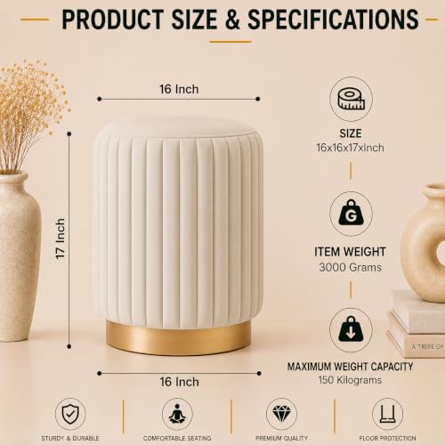 Image of Designer Velvet Round Footstool Ottoman with Sturdy Gold Metal Band Base for Home Decor & Extra Seating, Lightweight Pouf Stool for Sofa Side & Bedroom, 16x16x17 Inch (Cream)
