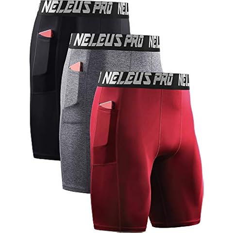 NELEUS Men's Compression Short with Pocket Dry Fit Yoga Shorts Pack of 3, 6063 Black/Grey/Red,3 Pack, XX-Large Cover