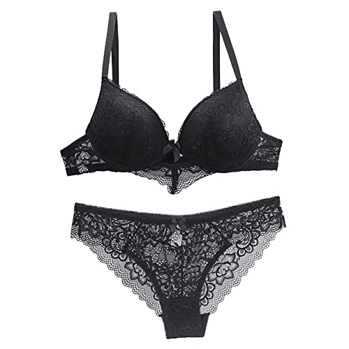 Women Lace Demi Balconette Minimizer Push Up Invisible Bra And Sexy Lace See Through Panty Lingerie Set 2 Piece Black #TOP7
