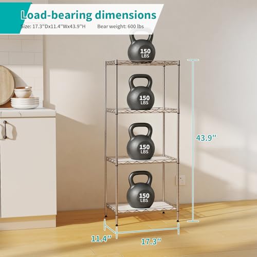 Image of BestOffice | 4-Tier Wire Storage Shelves | 12 inchD x 18 inchW x 44 inchH | Chrome | with Adjustable Racks PP Liners | Compact Metal Shelf, Holds Upto 600 lbs | Ideal for Kitchens Closets Bathrooms Small Corners