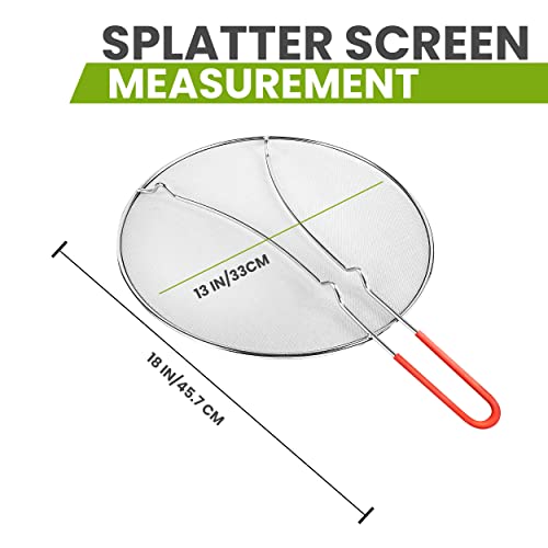 13" Grease Splatter Screen For Cooking | Stainless Steel Oil Splatter Guard And Ultra-Fine Mesh Protects Skin From Burns | Silicone Red Handle #TOP5