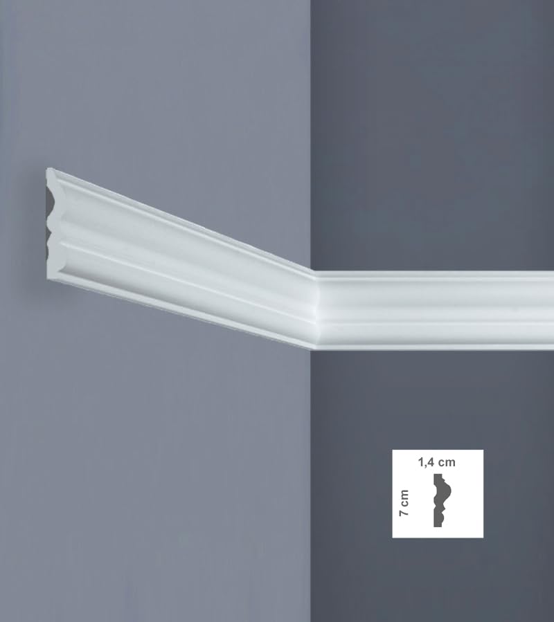 Cornice Decorativa per Soffitti e Pareti in Polistirolo Estruso 1,4x7 cm, Lunghezza 2 Metri, Bianca, Leggera, Stile Liscio Classico, Facile da Montare, per Interni, Controsoffitti e Decorazione Muri