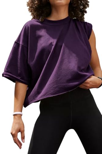 Image of HUGOOME Womens Oversized Workout Crop Top Casual Short Sleeve Boxy Roll Hem