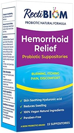 RectiBiom Probiotic Hemorrhoid Relief Suppositories with Skin Soothing Natural Ingredients, Fast Relief. Hyaluronic Acid and Turmeric Extract, Vegan, Gluten-Free Formulation