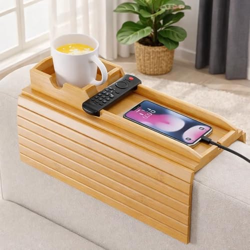 Sofa Arm Tray with Detachable Cup Holder, Foldable Non-Slip Sofa Tray Table, 2-in-1 Armrest Tray for Beverages, Mobile, Remote Control and Snacks