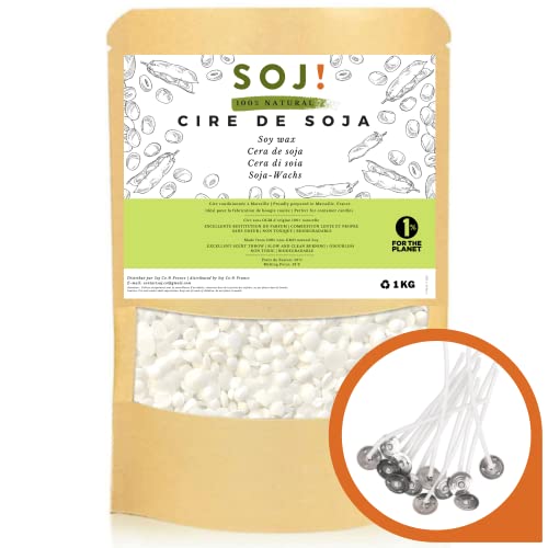 Soj - 15 mechas libres - 1KG de cera de soja en pastillas - no GMO - Envasado en Francia - Cera para...