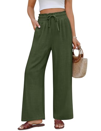 PASUDA pantalón Mujer Verano Lino Algodón Cómodos Ligero Ancho Casual Cintura Alta Elástica Recto Fluido Bolsillos (Verde, L)