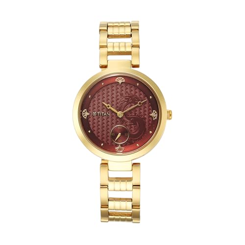 Image of Titan Classique Plain 3 Hands Red Round Dial Yellow Plating A1Stainless Steel Strap Men's Watch - 2480YM04