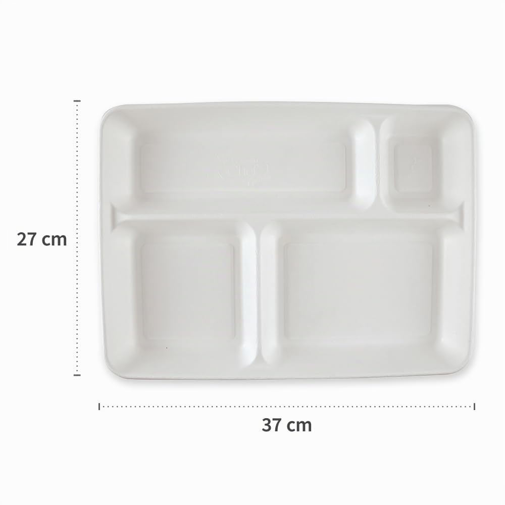 FRANZ MENSCH 160 Stück NATUREStar Menütabletts, 4-geteilt, rechteckig | Zuckerrohr, weiß, L: 37 cm, B: 27 cm, H: 3, 6 cm, Karton, Teller Tablett, Zuckerrohrteller, Sektionen Teller