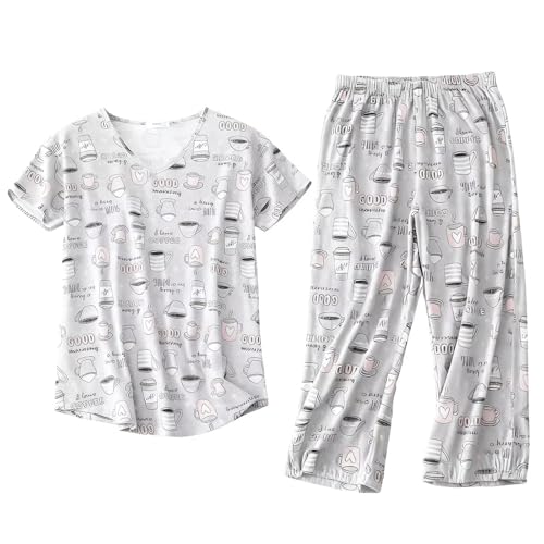RNTVIC Womens Cotton Pajama Sets 2 Piece Capri Pants with Short Sleeved Pjs Set for Women Lightweight All Season Pajamas, Cup Gray XL