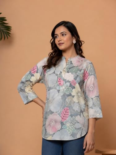 Image of Women's Floral Printed Cotton Kurti Summer Cotton Tunic Top for Girls