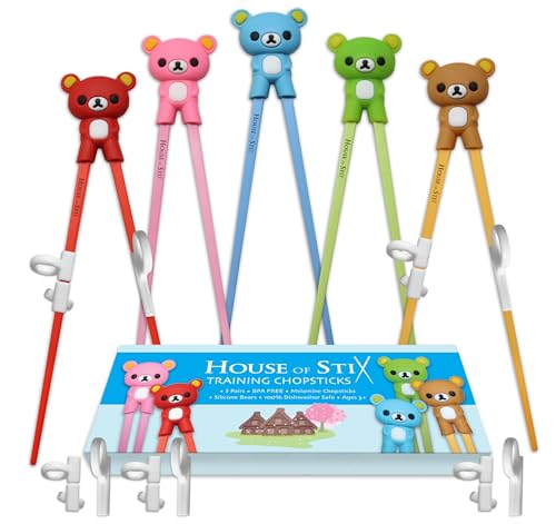 House of Stix Training chopsticks for kids teens adults and beginners - 5 Pairs premium quality chopstick set with attachable learning chopstick helper - right or left handed