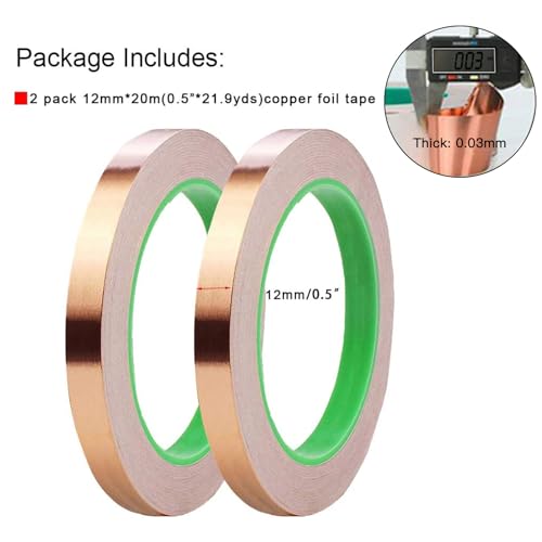 2 Pack Copper Foil Tape,(0.5inch X 66 FT) Double-Sided Conductive Copper Tape with Adhesive for EMI Shielding,Slug Repellent,Paper Circuits,Electrical Repairs,Grounding