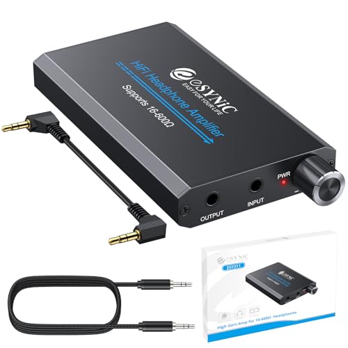 eSynic Portable Headphone Amp- Aluminum Alloy High Fidelity Headphone Audio Amplifier with 2 Stage Gain Switch (16-600Ω) |Rechargeable Designed (8H Playtime)| 3.5mm AUX for MP3/Phone/PC |0.0005% THD|