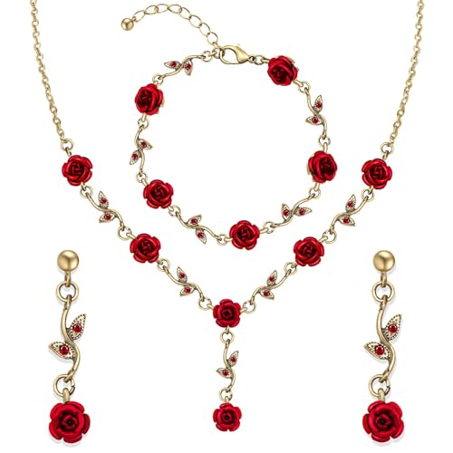 Nanafast 3Pcs Red/Hot Pink Rose Jewelry Set Adjustable Rose Pendant Necklace Flower Bracelet Earrings for Prom Wedding Party Valentines Day-Red rose&Gold chain