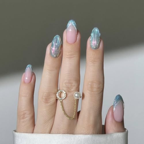 XZMeiLun 3D French Tips Pearl Press On Nails Almond Short,