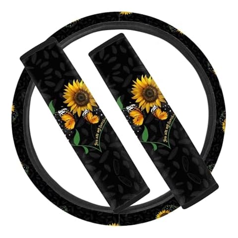 STUOARTE Butterfly Sunflower Print Car Steering Wheel Cover for Women Men, Comfortable Neoprene 2 Piece Vehicle Seatbelt Shoulder Pads, Universal Fit for SUV Sedan Van, 3 Piece Car Accessories Cover