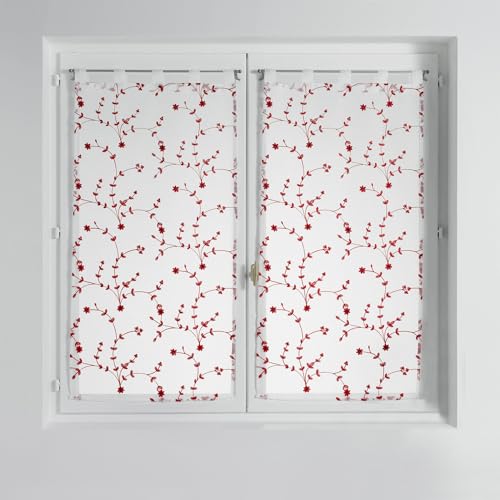 Douceur d'Intérieur, Paire Droite à Passants (2 x 60 x 120 cm) Petite Fleur Blanc/Rouge, Voile Sablé Brodé
