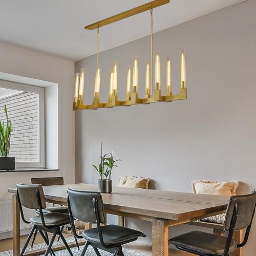 54'' Brass Rectangular Chandeliers for Dining Room,12-Lights Modern Farmhouse Chandelier with Knurled Glass Tube,Gold Linear Chandeliers Dining Room Over Table Rectangle Kitchen Island Pendant Light
