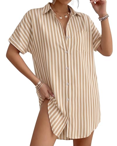 MANGOPOP Swimsuit Coverup for Women Striped Bathing Suit Cover Up Button Down Shirt Beach Cover Ups Dress 2026 Summer Outfits
