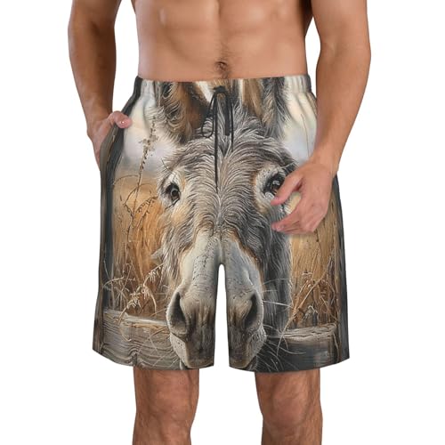 Men's Quick Dry Swim Shorts Cute Donkey Farmhouse Animal Rustic Funny Beach Trunks with Pockets