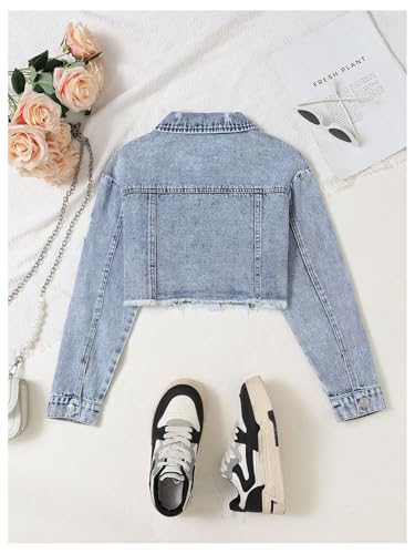 Girl's Y2k Ripped Denim Jacket Raw Hem Crop Jean Jacket Long Sleeve Button Down Denim Jean Coat Outerwear2
