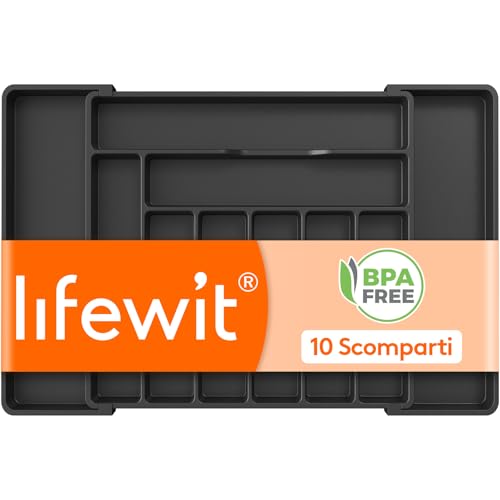 Lifewit Caddy per cassetti, porta posate regolabile profondità 42 cm, inserto per posate in plastica larghezza da 51 a 74 cm, organizer per utensili da cucina per cucchiai/forchette, Nero