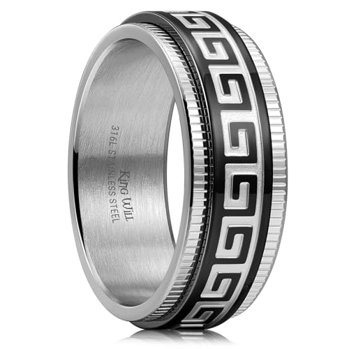 King Will 316L Stainless Steel Fidget Spinner Ring for Men Women-8mm Sliver Spinner Ring with Black Greek Key Pattern Anxiety Stress Relief Wedding Band Ring Comfort Fit Size 11