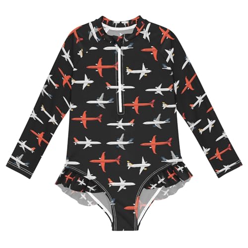 ALAZA Airplane Black Girls One Piece Swimsuit Long Sleeve Rashguard Swimsuit UV 50+ Swimwear Zip
