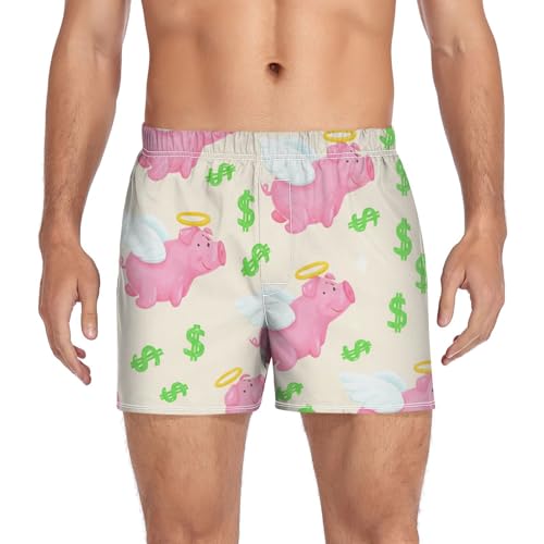 Winged Pigs Beige Men's Cotton Boxer Shorts Pajama Bottoms with Button Fly Moisture-Wicking Sleep Shorts Underwear
