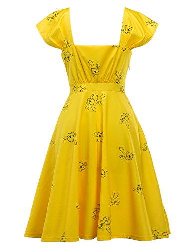 IDEALSANXUN Womens Bright Yellow Cap Sleeve Lovely Cocktail Floral Party Dress2